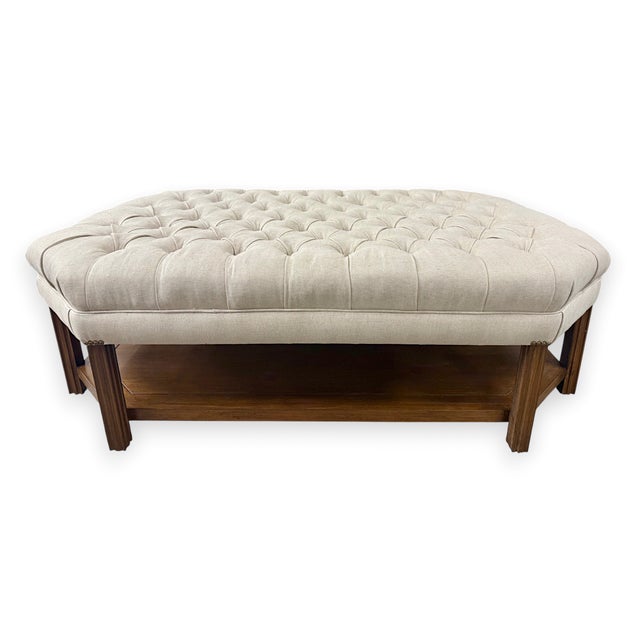 Hollywood Regency Custom Tufted Coffee Table With a Shelf Underneath and Fluted Wood Legs For Sale - Image 3 of 5