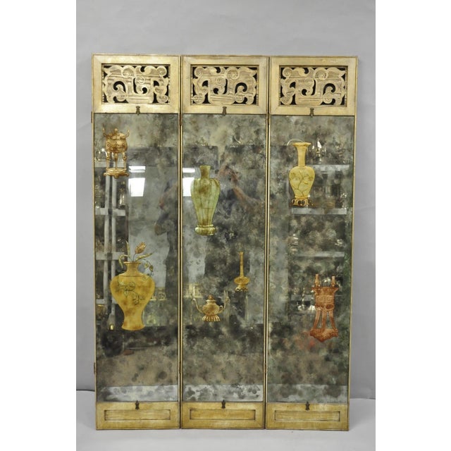 Antique Chinoiserie Oriental Eglomise Antiqued Mirror "Vase" Decorated Glass 3 Panel Screen Small Room Divider. Item...