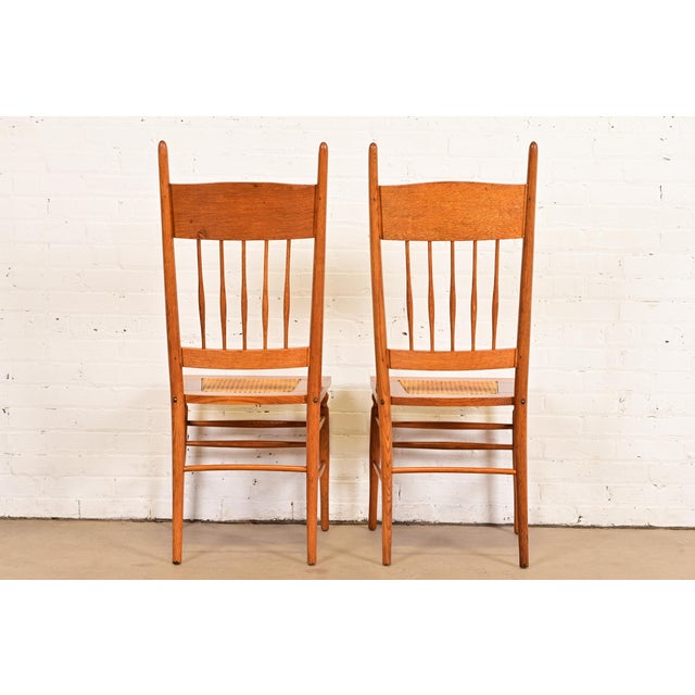 Limbert Style Antique Arts & Crafts Carved Oak Cane Seat Spindle Back Side Chairs or Dining Chairs, Pair For Sale - Image 10 of 11