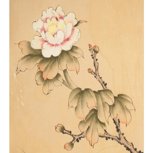 C. 1950s Vintage Chinese Watercolor Scroll Painting "Peonies" on Silk, Signed For Sale - Image 9 of 12