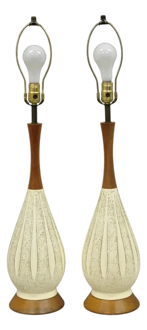 Vintage Mid Century Modern Sculpted White Ceramic & Teak Wood Table Lamps - Pair