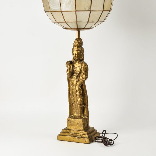 Vintage Statement Table Lamp Featuring Gold Guan Yin Figure and Capiz Shell Globe Shade For Sale In Rochester - Image 6 of 17