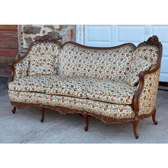 Antique Victorian Walnut Serpentine Cream Floral Upholstered Sofa For Sale - Image 4 of 11