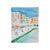 About the painting: this vibrant watercolor captures a lively street scene along a canal, showcasing an array of pastel-...