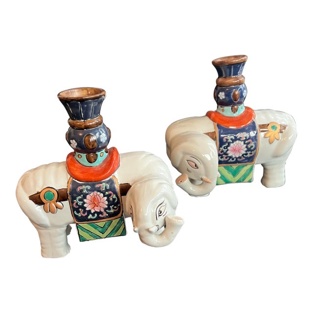 Vintage Pair Chinese Export Famille Rose Ceramic Elephant Candleholders 1970’s For Sale