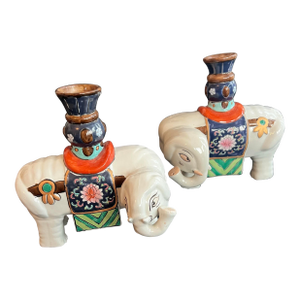 Vintage Pair Chinese Export Famille Rose Ceramic Elephant Candleholders 1970’s
