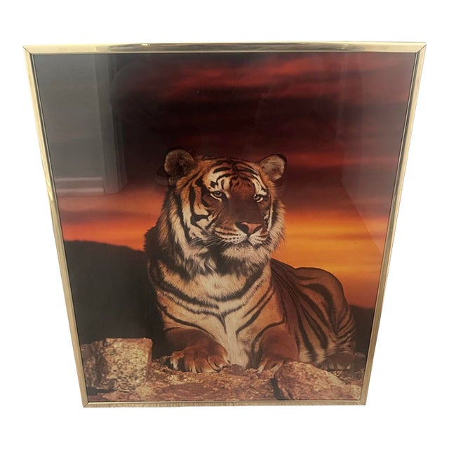 Vintage Postmodern 1980s Print Tiger Wall Art Picture Gold Frame For Sale
