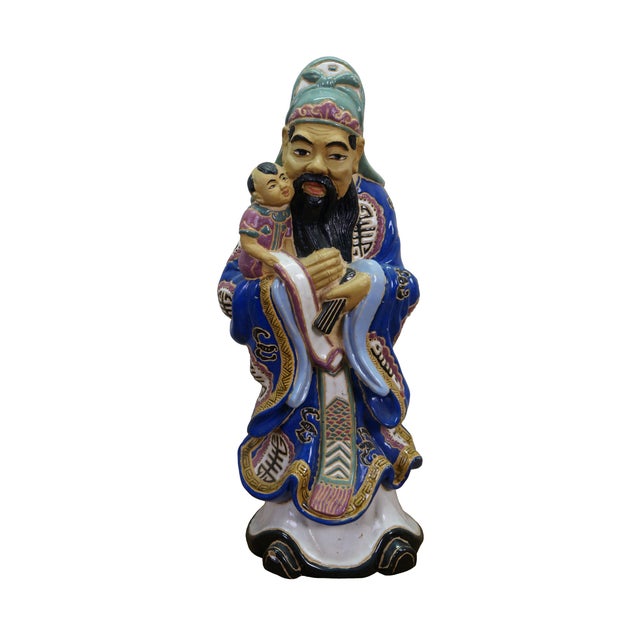 Chinoiserie 3 Ceramic Fu Lu Shou Star Gods Good Fortune Prosperity Longevity Statues 23" For Sale - Image 3 of 16
