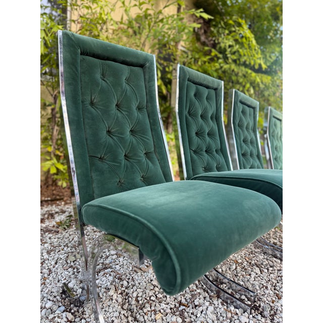Vintage 1970s Glass & Chrome Dining Set With Hunter Green Cantilever Chairs For Sale - Image 10 of 16