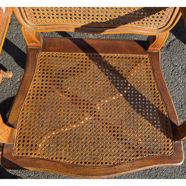 Brown Pr of Early 20th Century French Louis XV Style Carved Walnut Fauteuils W/Cane Seats & Backs, Original Painted Highlights W/Loose Upholstered Cushions For Sale - Image 8 of 9