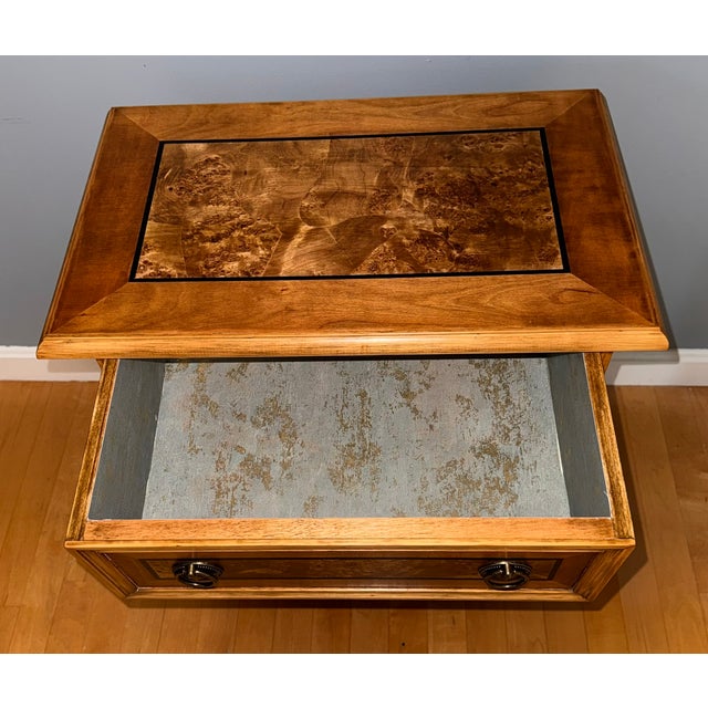 Late 20th Century Vintage Burl Wood Veneer Inlaid Three-Drawer Chest With Bun Feet For Sale - Image 5 of 10