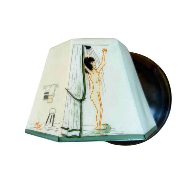 Cream Early 20th Century Rare Mid Century Hand Painted Girl in Shower Wall Sconce For Sale - Image 8 of 8