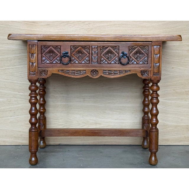 20th century Pair of Spanish nightstands with one drawer . The table has beautiful carved drawers with original color...