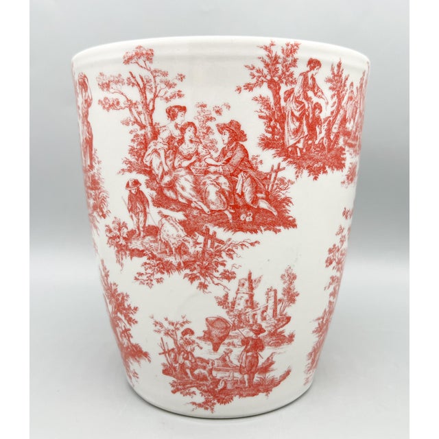 Vintage Red Transfer Ware Ceramic Cachepot Planter - European Pastoral Scene, Cottagecore, Grandmillennial For Sale - Image 10 of 13