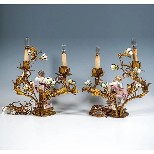 Blue Bronze Table Lamps with Motto Children attributed to M.V. Acier for Meissen, Set of 2 For Sale - Image 8 of 11