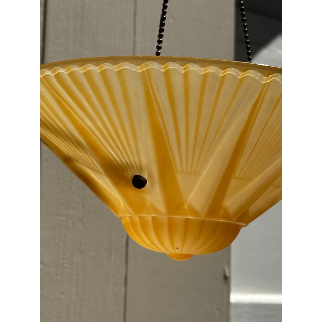 Old Lights On is pleased to offer this vintage deco shade on a vintage brass three chain hanging fixture by Chase...