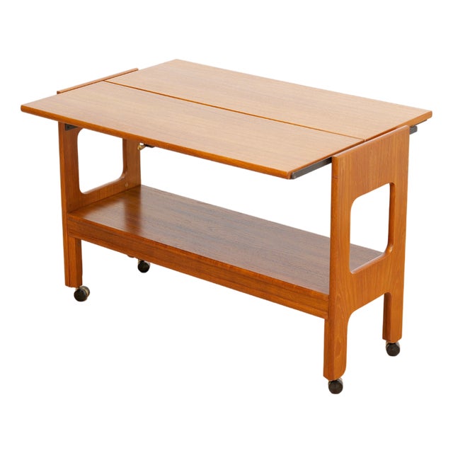 Mid Century Teak Mechanical Bar Cart Folding Console Table For Sale