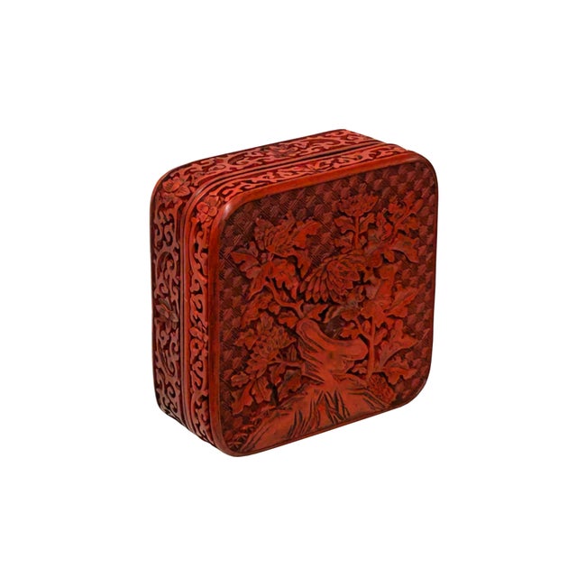 Chinese Handcrafted Vintage Chinese Red Lacquer Square Floral Accent Box For Sale - Image 3 of 8