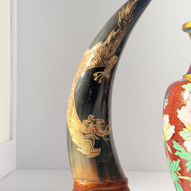 Vintage Chinese Cloisonné Vase & Dragon Horn Sculptures Set – 3 Pieces For Sale In Houston - Image 6 of 7