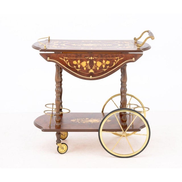 Italian Burlwood and Floral Marquetry Drop Leaf Bar Cart, the undertier with bottle holders, the top tier with wood handle...