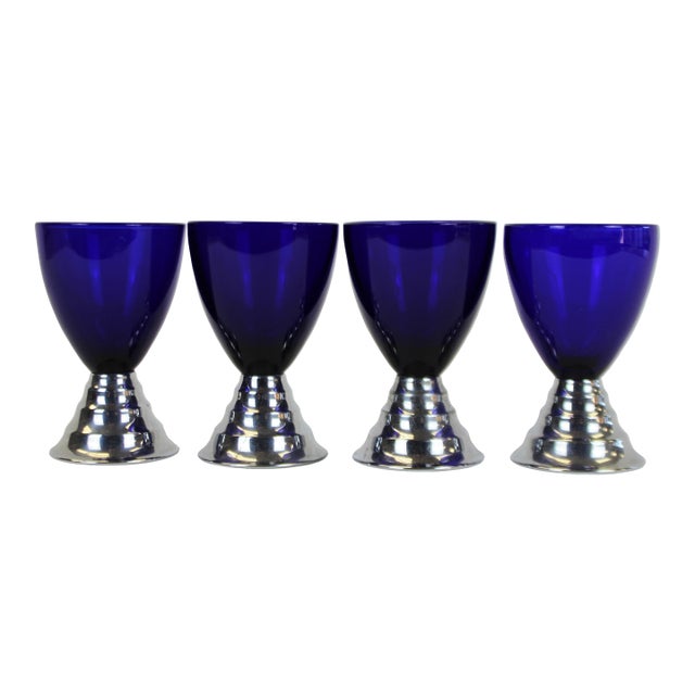 Set of 4 Chase El Morocco Cobalt Blue C1930s Glasses with Chrome Bases For Sale