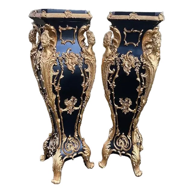 Late 20th C. Italian Baroque Black Gold Pedestals - Pair For Sale