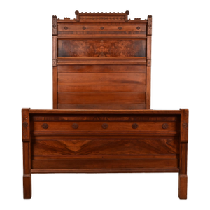 Herter Brothers Style Antique Monumental Eastlake Victorian Carved Burled Walnut Full Size Bed, Circa 1880s