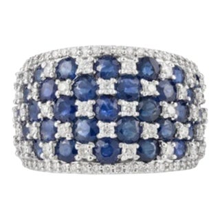 18k White Gold Blue Sapphire & Diamond Wide Band Ring Size 7 For Sale