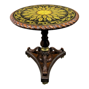 Maitland-Smith Verre Eglomise Reverse Painted Glass Table With Lotus Blossom Brass Feet 1980s