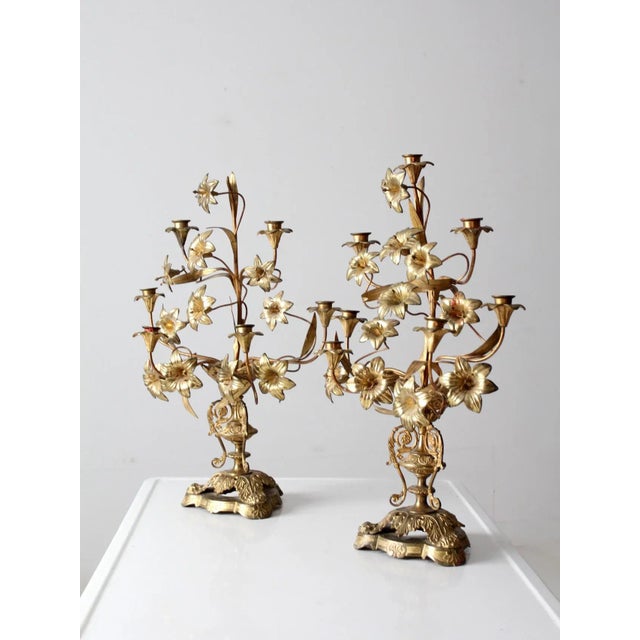 Antique Brass Candelabras Pair For Sale - Image 4 of 13