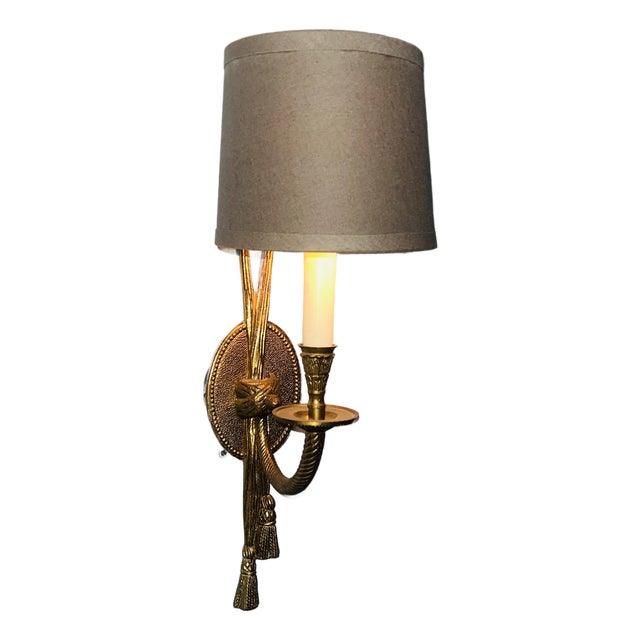 Vintage Solid Brass Electric Candle Stick Rope and Tassel Wall Sconce With Linen Shade For Sale