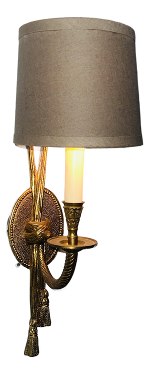 Vintage Solid Brass Electric Candle Stick Rope and Tassel Wall Sconce With Linen Shade