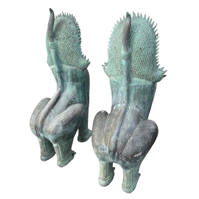 1990s Monumental Pair of Southeast Asian Verdigris Bronze Guardian Lion Statues For Sale In West Palm - Image 6 of 12