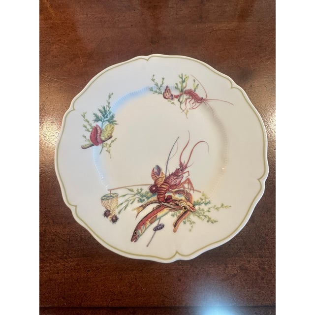 Red Mid 20th Century Set of 12 Havilland- Limoges Dinner Plates, Six Fish and Crustacean Designs For Sale - Image 8 of 12
