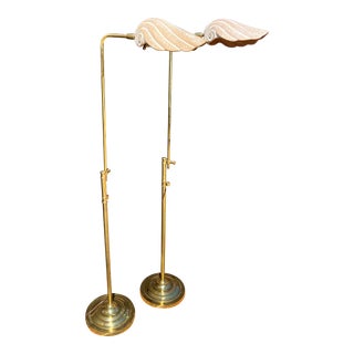 Vintage Hollywood Regency Adjustable Brass & Ceramic Shell Floor Phatmacy Floor Lamp Pair For Sale
