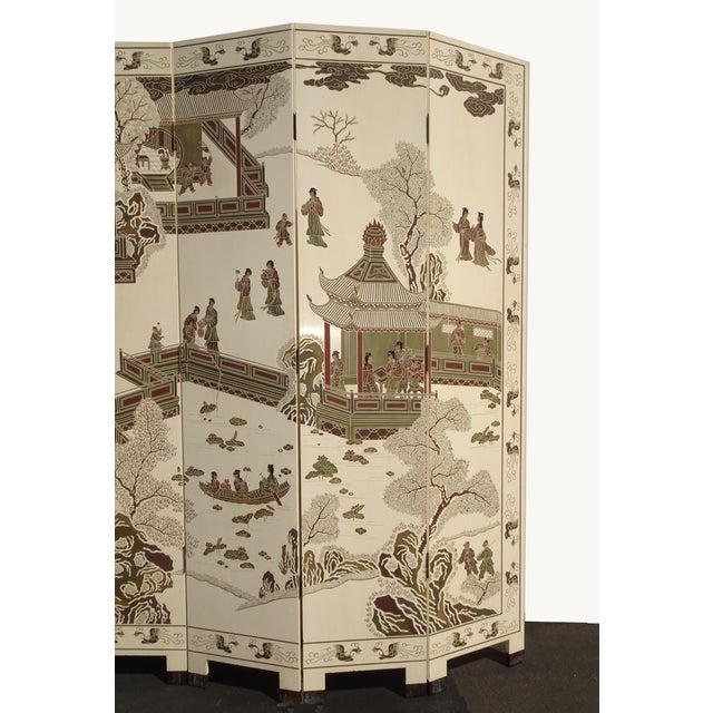 Six Panel Screen Coromandel Chinese Asian White Lacquer Room Divider