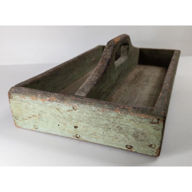 19th Century Primitive Rustic Tool or Tote Tray in Verdigris Green Paint For Sale In New York - Image 6 of 9