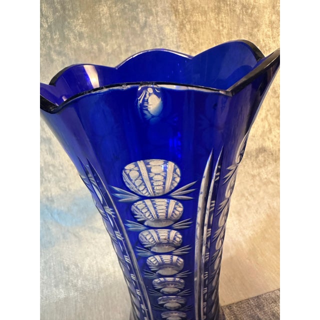 Vintage Czech-Bohemia Cobalt Cut-To-Clear Crystal Vase For Sale In Denver - Image 6 of 7