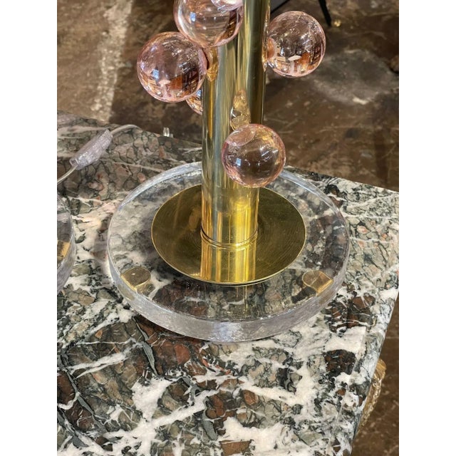 Metal Pair of Pink Murano Glass Ball and Brass Lamps For Sale - Image 7 of 9
