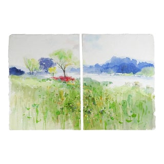 Clay McGaughy Plein Air River Landscape Watercolor Paintings - a Pair For Sale