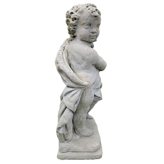 Vintage Garden Cherub Statue Holding Floral Garland For Sale - Image 4 of 8