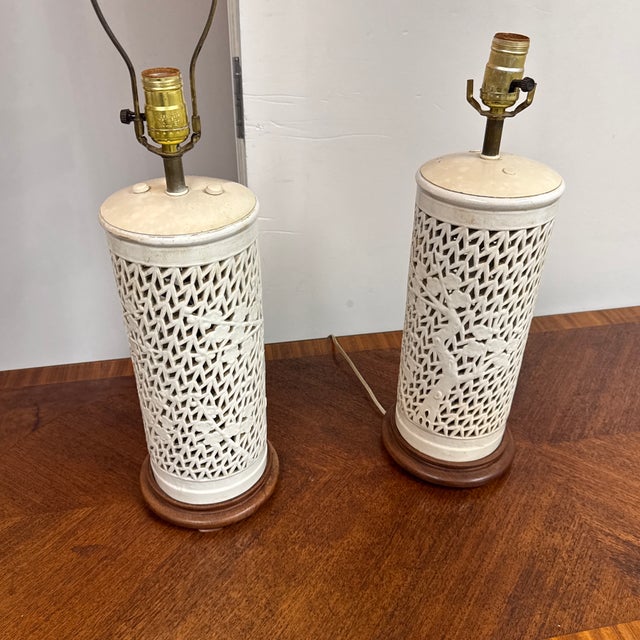 Chinoiserie Style Pierced Ceramic Table Lamps, Pair For Sale - Image 9 of 12