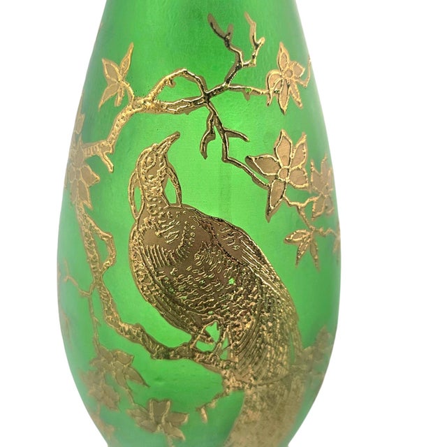 Mid-Century Modern Mid-Century Frosted Emerald Glass Decanter Set With Gilt Pheasant Motif, 15" For Sale - Image 3 of 16