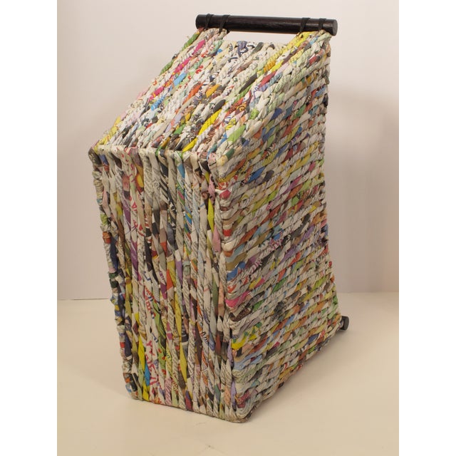 Unique Recycled Multi Colored Paper Magazine Basket With Wood Handles