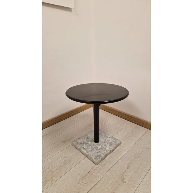 Black Lacquered Wooden Top Swivel Coffee Table with White Marble Base, Iron Stem and Storage, 1960s, in Very Good...