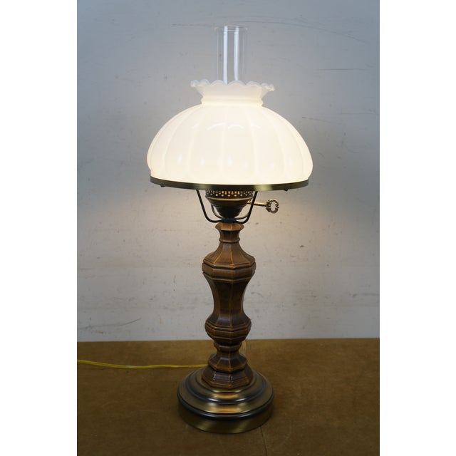 Vintage Pee Gee Milk Glass Shade Brass Wood Sinumbra Faux Oil Table Lamp 26" For Sale - Image 13 of 15