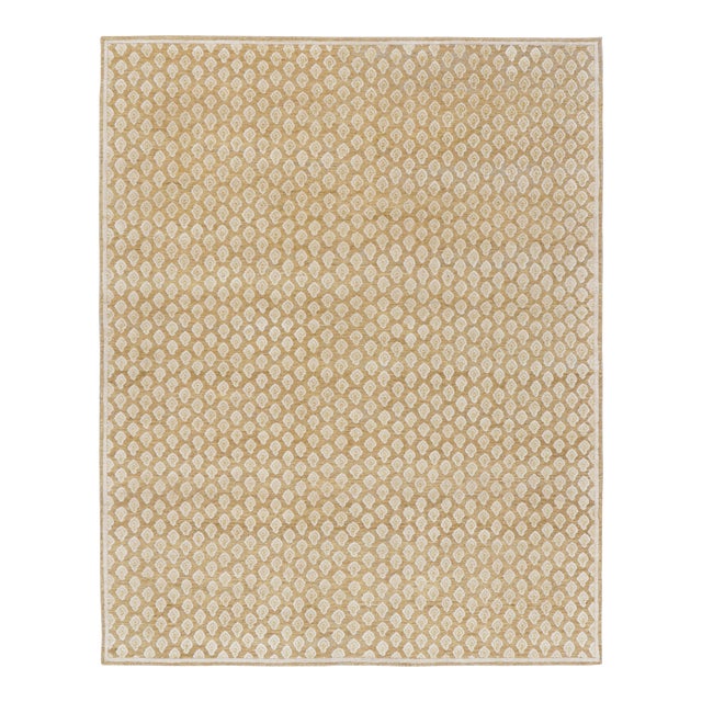 Rug & Kilim’s Modern Block Print Rug in Gold with Cream Floral Pattern- 12x14 For Sale