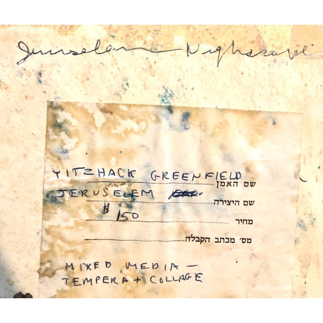 Paint Yitzhak Greenfield, Kibbutz Abstract Jerusalem Nightscape Israeli Tempera Collage Painting Judaica, 1967 For Sale - Image 7 of 8
