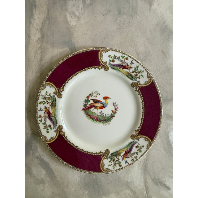 Art Deco 1950s Myott Chelsea Bird Dinner Plates 10 5/8” Burgundy Transferware England - Set of Three (3) For Sale - Image 3 of 8