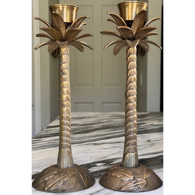 English Made in India British Colonial Solid Brass Palm Tree Candle Holders - A Pair For Sale - Image 3 of 9